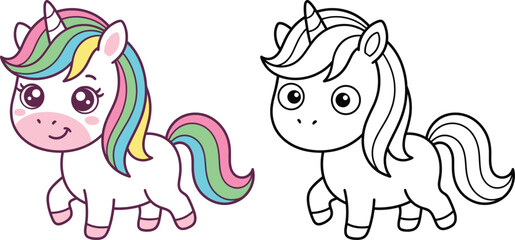 Cute unicorn cartoon character with rainbow mane kids coloring page and colored version kawaii fantasy animal flat vector illustration © AMINA
