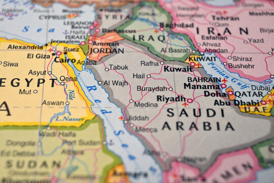Defocused World Map Background Highlighting Buraydah City Location Top View Geography and Travel Concept