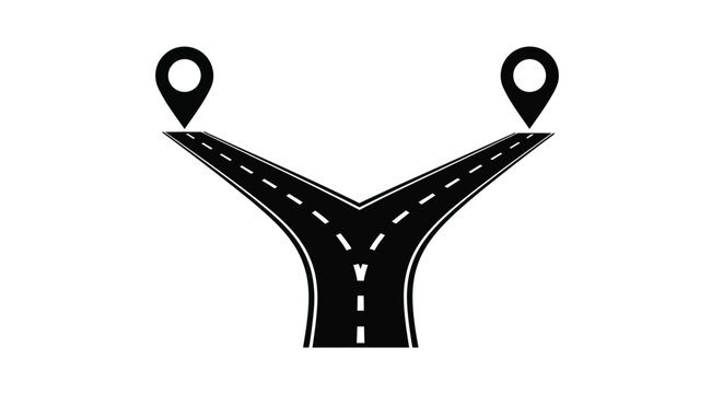 A diverging road with location markers a stark black silhouette