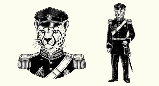Cheetah in Military Uniform and Human Soldier Illustration.