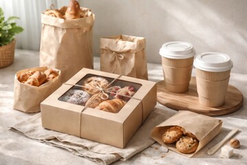Rustic bakery packaging display.