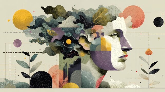 Stress Awareness Month concept, flat illustration, fusion of Memphis geometric shapes and boho organic motifs, abstract human figure releasing tangled lines from the head transforming into calm waves 