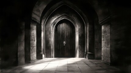 Fototapeta premium A dramatic, high-contrast charcoal sketch on grey-toned paper. The subject is a mysterious, unmarked speakeasy door
