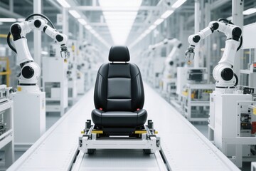 Fototapeta premium Car seat on production line with robotic arms showing ai technology processing automation quality in industry production