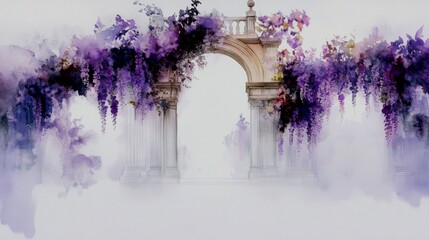 A light, ethereal sketch using diluted ink washes on watercolor paper. It shows an arched doorway overgrown with wisteria, leading into a secluded garden restaurant