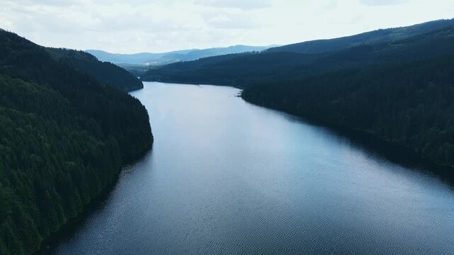 Panoramic View Of River Valleys And Cliffs. Scenic Aerial Depiction Of Reservoirs And Forested Ridges