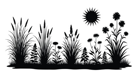 Black floral and grassy landscape with a sunburst a striking silhouette © IMkM00i76