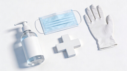 Medical supplies for protection and hygiene on a white background, including hand sanitizer, face mask, glove, and cross symbol.