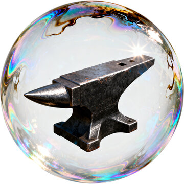 Absurd 3D illustration of a heavy iron anvil floating inside a fragile soap bubble, weightless ideas and paradox conceptual art