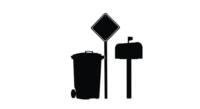 Street elements including a mailbox trash can and sign silhouette