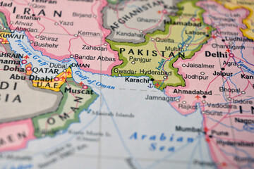 Karachi Pakistan on World Map Close Up Macro Defocused Background Geographic Image