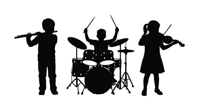 Children playing musical instruments in a striking black silhouette