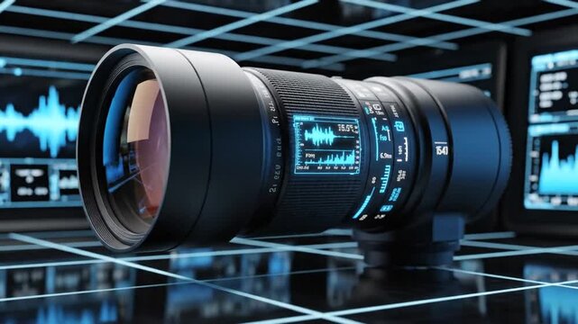A high-tech camera lens on a futuristic grid surface with digital screens.