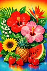 Naklejka premium Vibrant tropical floral fruit