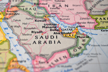 Riyadh Saudi Arabia on World Map Close Up Macro Defocused Background Geographic Image