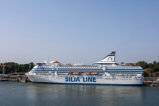 The cruise ferry Silja Symphony in the port of Helsinki, Finland, July 22, 2022. Summer voyage on the Baltic Sea