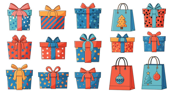 Colorful wrapped gifts and shopping bags for holiday celebrations.