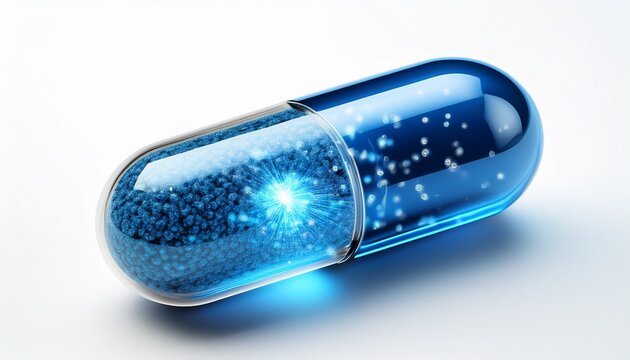 futuristic blue pill with glowing particles inside showcasing advanced medicine concept and digital technology isolated on white background