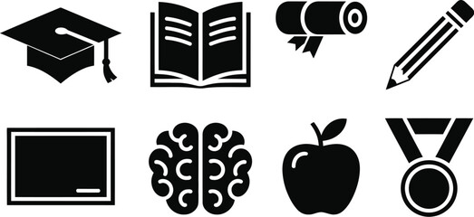 Education icons set including graduation cap open book diploma certificate pencil blackboard brain apple and winner medal for academic school learning. © Sumaiya