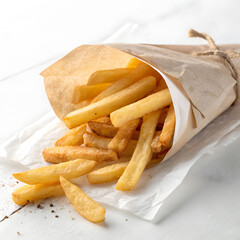 French fries in a white paper box isolated on white background.
