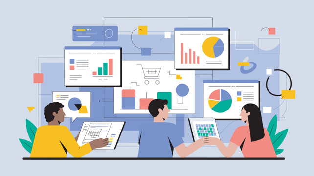 Three people analyzing data on multiple screens with colorful graphs and charts in a modern office setting.