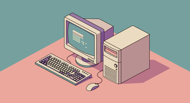 Vintage computer with monitor keyboard and mouse on desk.