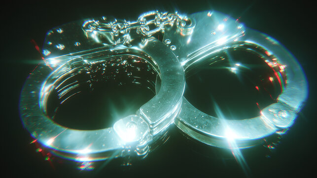 Metal handcuffs on a dark background, symbolizing crime, law enforcement, security, or justice. Close-up view highlighting shiny details.