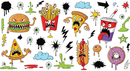 Funny junk food cartoon character doodle set with burger fries pizza donut soda and lightning elements isolated on white backgroundFunny junk food cartoon character doodle set with burger fries pizza  © Mominul