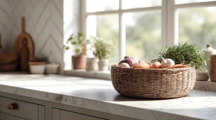Kitchen countertop with a woven basket on it. the basket is filled with various types of vegetables, including onions, garlic, and a sprig of thyme.
