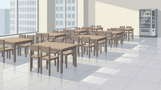 Modern Cafeteria with Tables and Chairs.