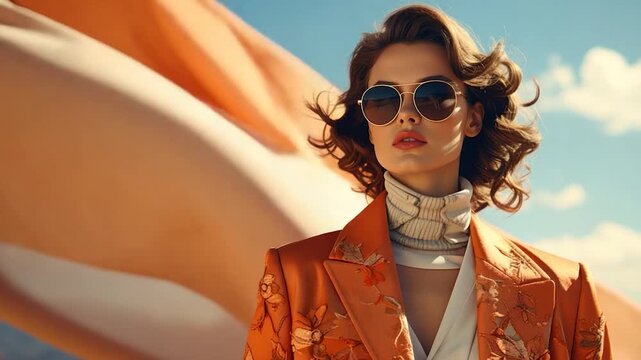 Stylish woman in an orange blazer against a sky backdrop