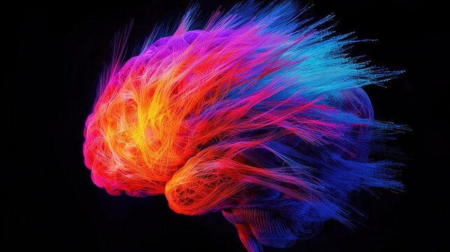 Neurodiagnostic Week: A breathtaking scientific visualization of the human brain connectome, thousands of glowing fiber tract pathways rendered in vivid spectrum colors against pure black background