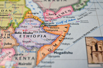 Naklejka premium Hargeisa Somalia on World Map Close Up Macro Defocused Background Geographic Image