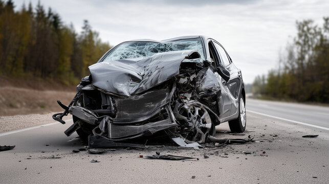 Severely damaged car after major collision showing consequences of reckless driving Wrecked passenger car with extensive front-end damage after a major road collision, crushed hood