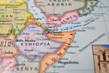 Naklejka premium Berbera Somalia on World Map Close Up Macro Defocused Background