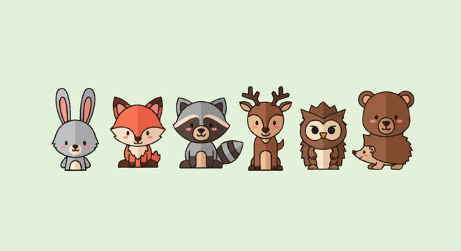 Cute Cartoon Forest Animals Collection Vector Illustration.