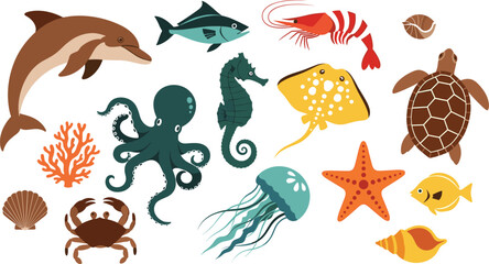 Sea animals collection with dolphin octopus turtle fish jellyfish crab starfish marine life flat vector illustration set © MdAjibar