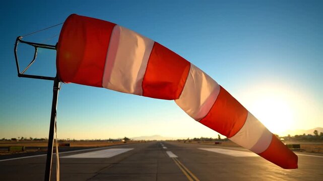 Windsock blowing in the wind on an airport runway against a brilliant sunrise creating a beautiful atmospheric scene.