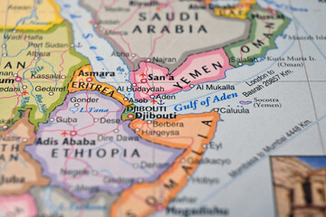 Naklejka premium Aden Yemen on World Map Close Up Macro Defocused Background Geographic Image
