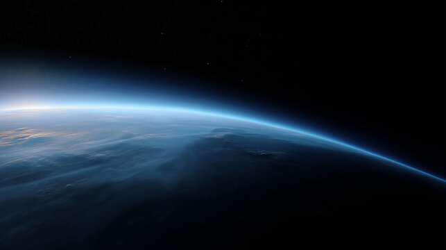 Orbital view of blue planet curvature with faint clouds and black space Realistic view of a blue planet from orbit, showing gentle curvature, soft atmospheric limb light, subtle cl