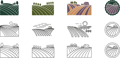Agricultural farmland landscape icons with crop fields hills farm house rural countryside flat vector illustration set © MD SOJIB 