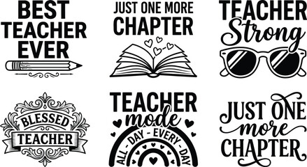 Teacher quotes typography bundle with inspirational teaching phrases book pencil and sunglasses design elements flat vector illustration set © MdAjibar