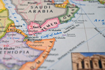 Naklejka premium Gulf of Aden on World Map Close Up Macro Defocused Background Geographic Image