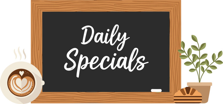 Cafe chalkboard daily specials menu with coffee cup bread plant wooden frame restaurant bakery vector illustration design
