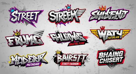 Naklejka premium Collection of vibrant graffiti-style logo designs with urban flair, featuring bold lettering and dynamic elements, perfect for street art or modern branding pro