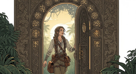 A man stands in an ornate doorway leading to a tropical paradise. © Tama