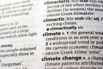 English Dictionary Page Close Up With The Word Transcription Of -climate