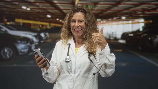 Woman doctor in labcoat holds smartphone and gives thumbs up with thumb while winking in a parking building; confidence care.
