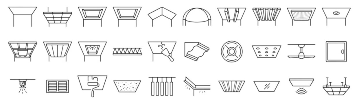 Ceiling architecture doodle collection with clean outline line drawing. Dome ceiling, skylight opening, acoustic panel, ventilation grille, paint roller. Technical interior elements.