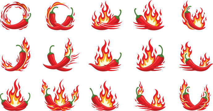Burning red chili pepper collection spicy hot food flames cartoon style flat vector illustration set